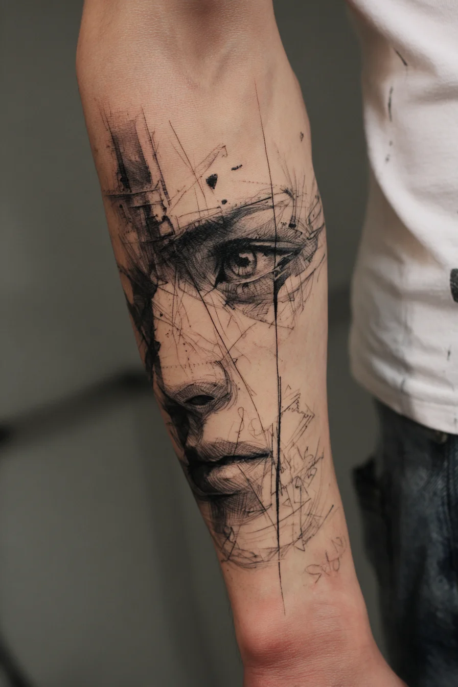 Sketch-Style Portrait Forearm Tattoo — Blackwork Realism