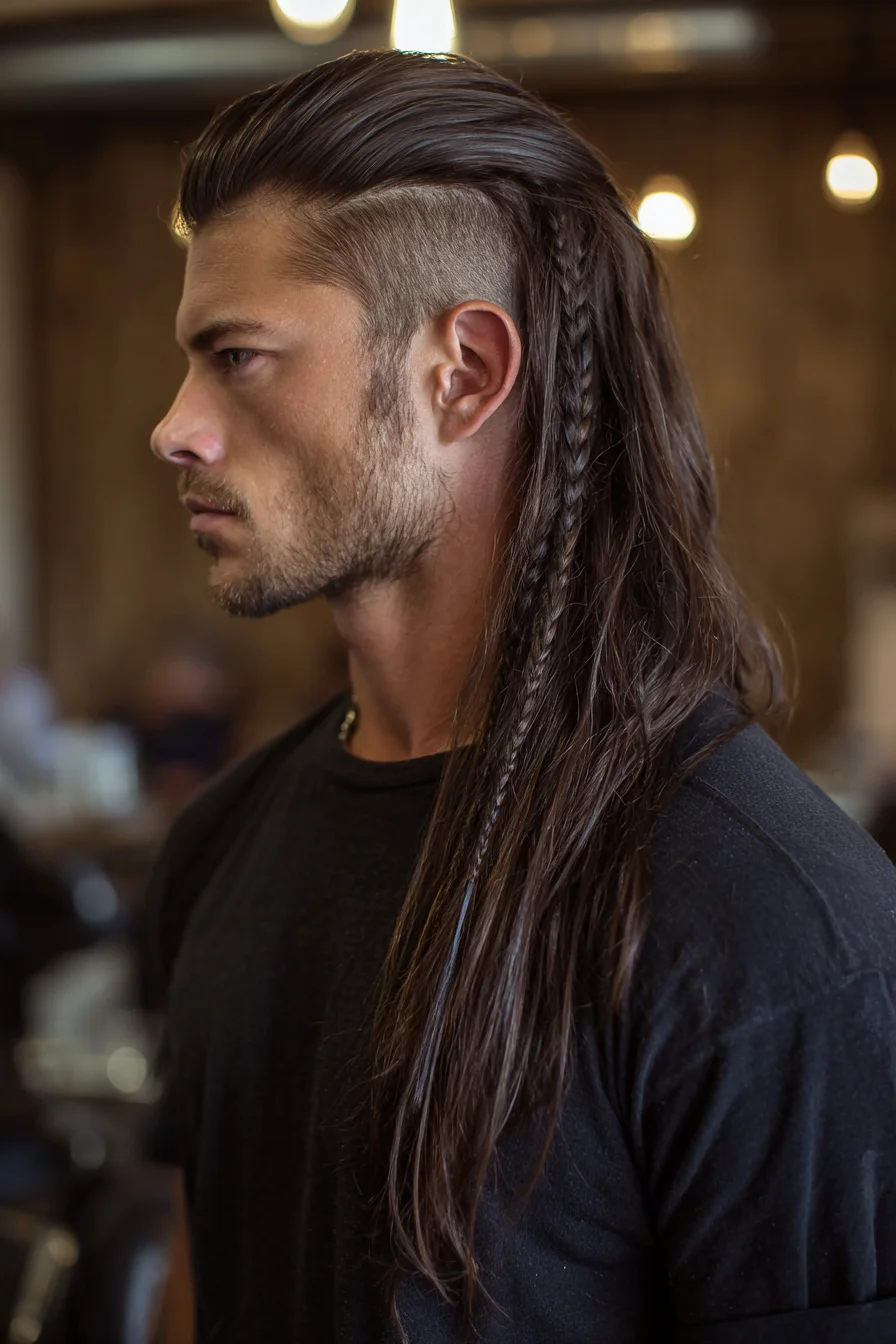 Slicked-Back Long Undercut with Side Braid — Mens Long Hair Style