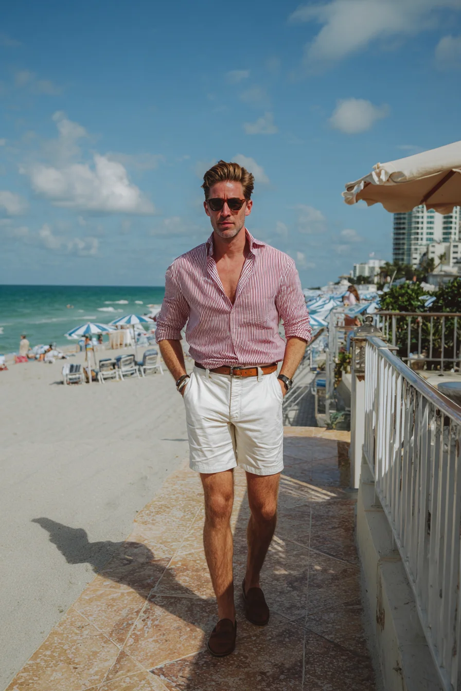 Smart-Casual Beach Look — Striped Linen Shirt, Tailored Shorts & Leather Loafers