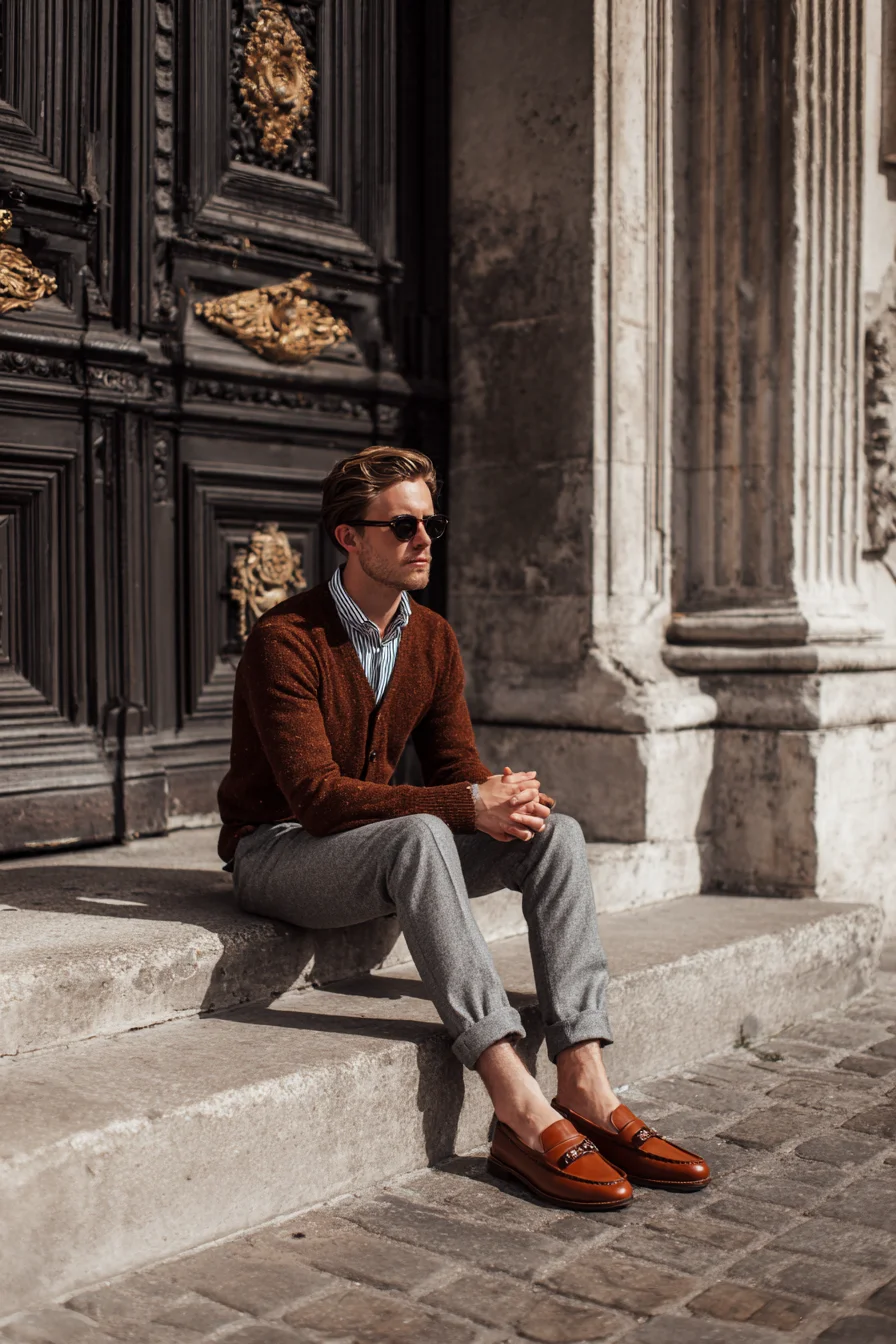 Smart-Casual: Brown Cardigan, Striped Shirt & Grey Trousers for Modern Men
