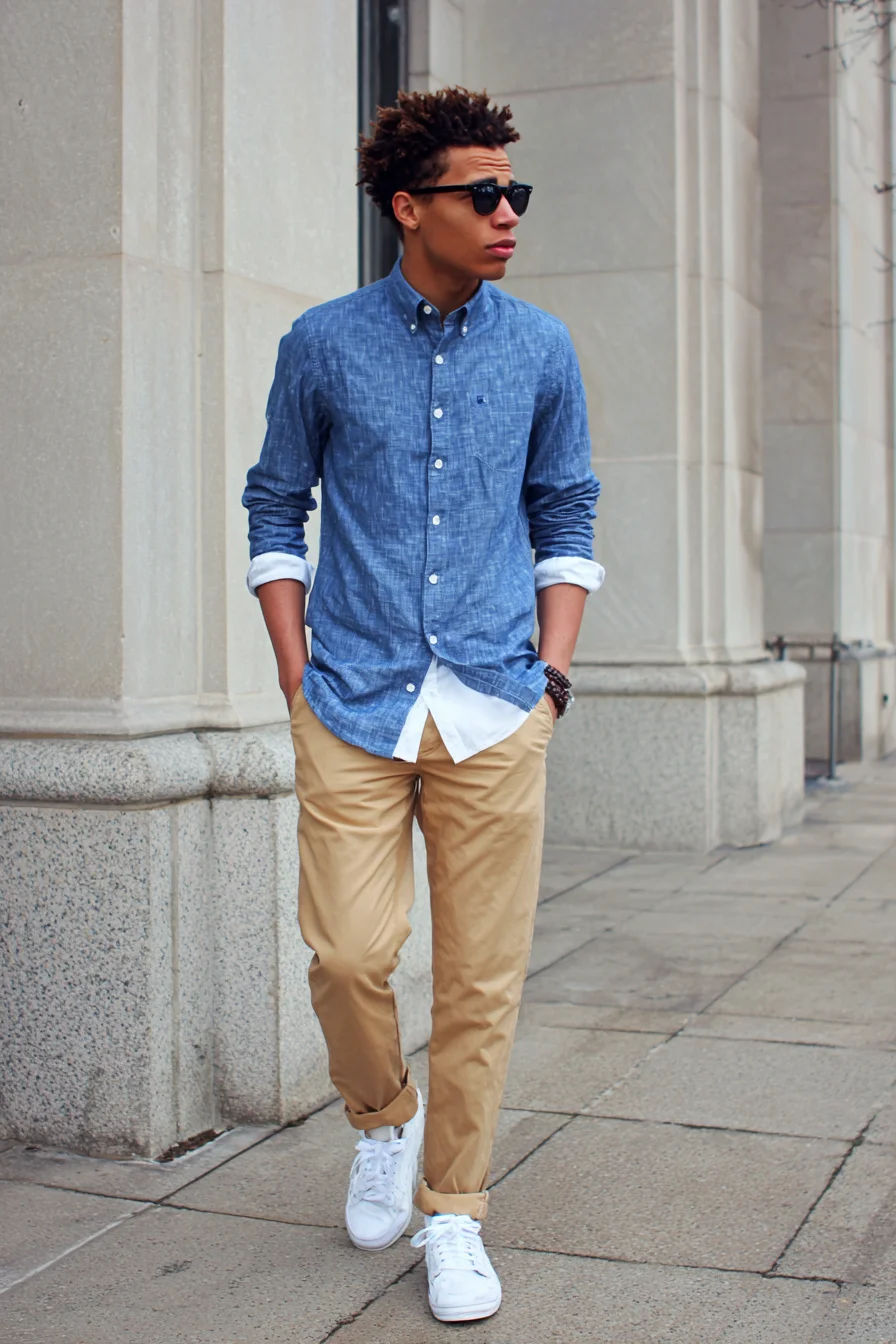 Smart-Casual Chambray Button-Down with Khaki Chinos and White Sneakers