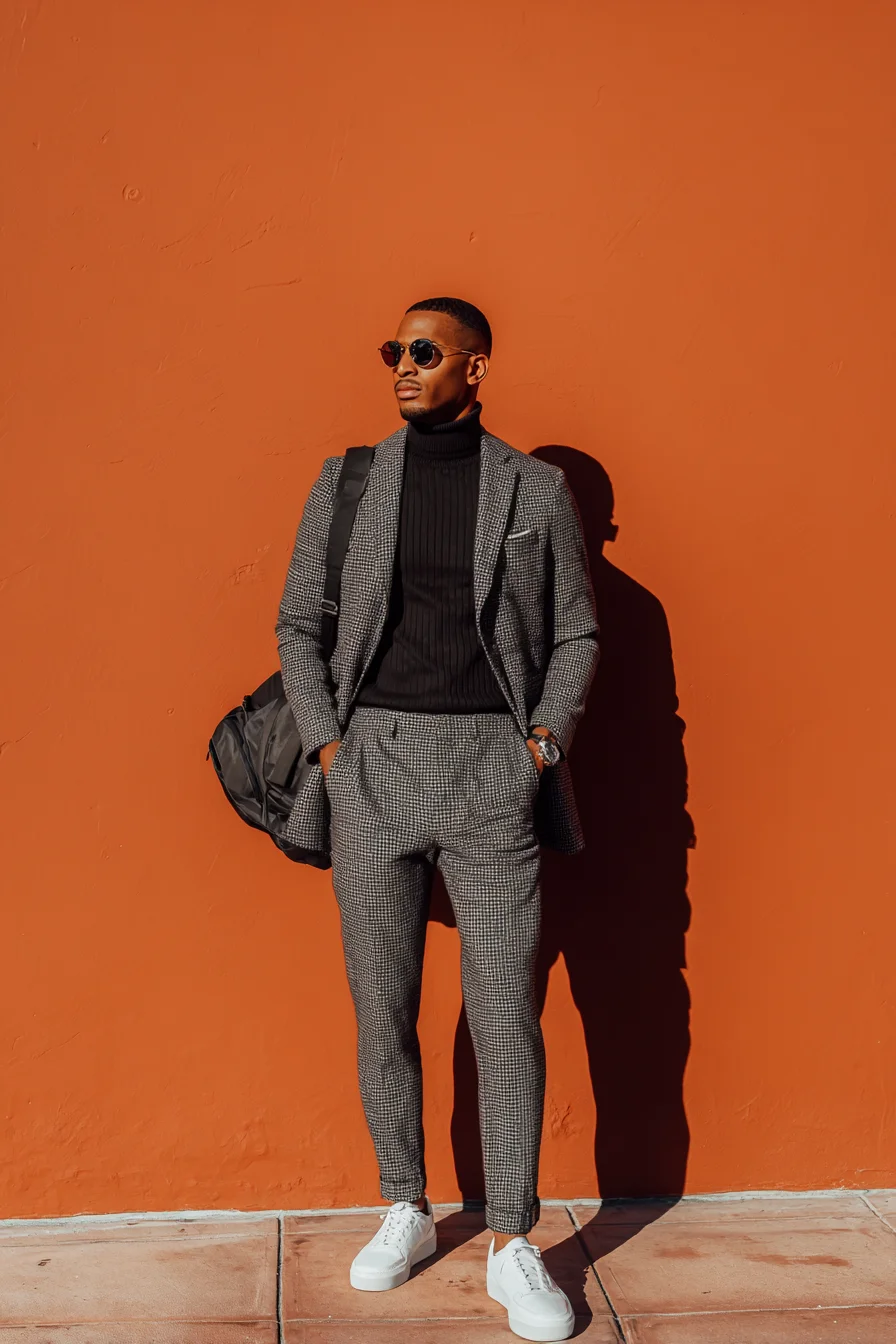 Smart‑Casual Checked Suit with Black Turtleneck and White Sneakers