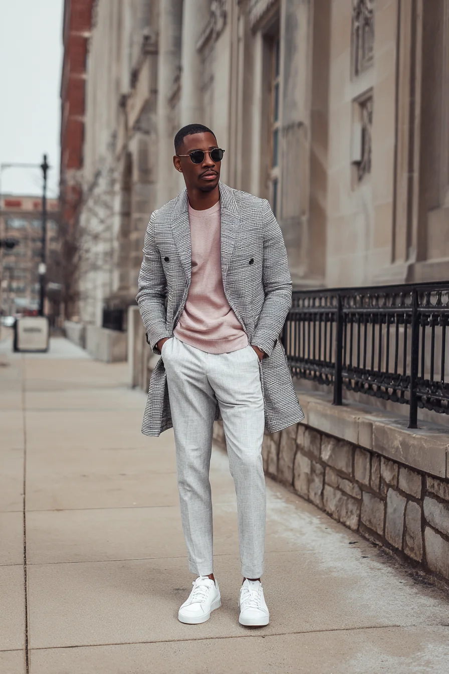 Smart-Casual City Style: Checked Overcoat, Pink Knit & Tailored Grey Trousers
