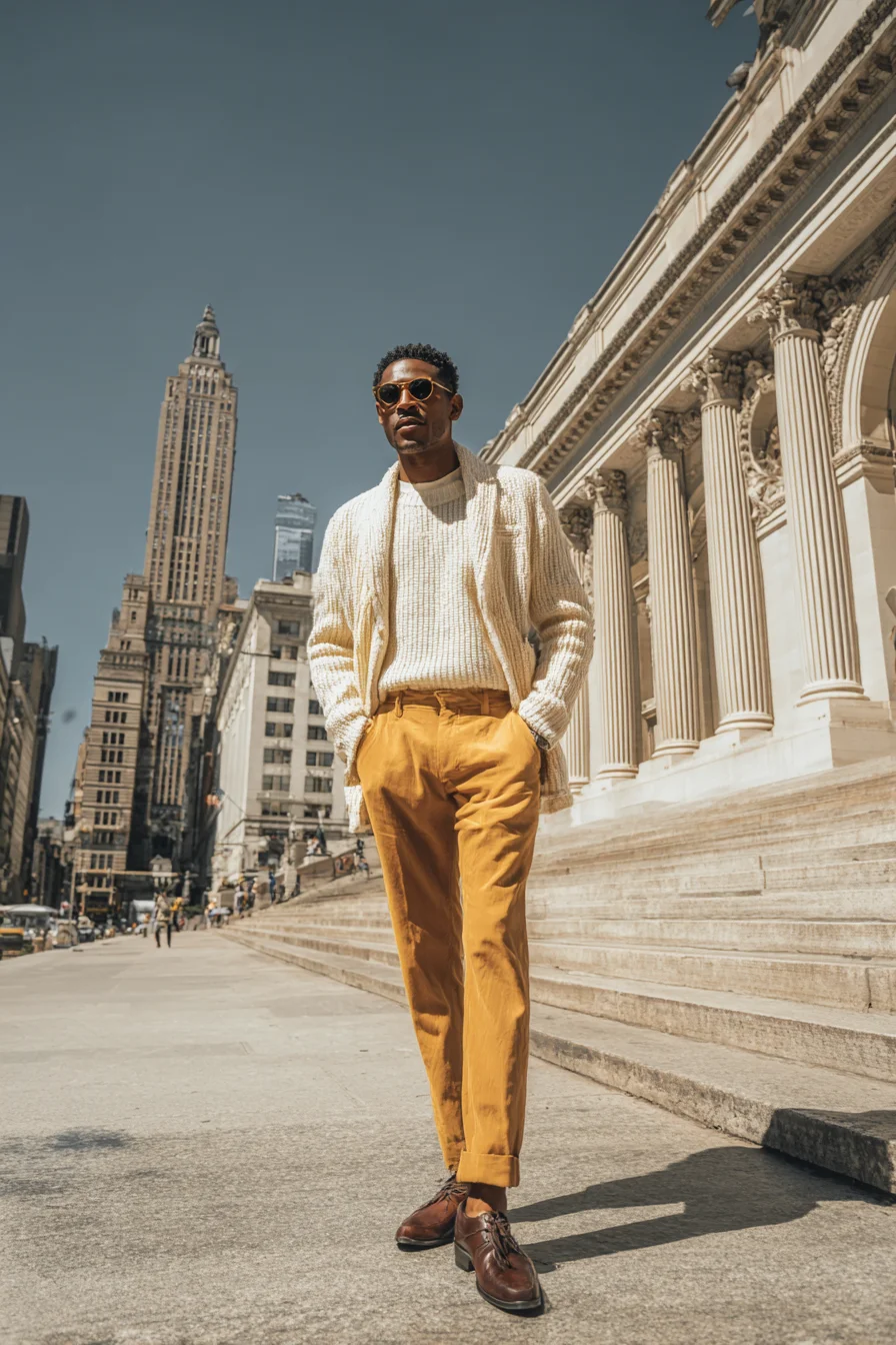 Smart-Casual City Style — Cream Knit, Ochre Chinos & Brown Leather Shoes