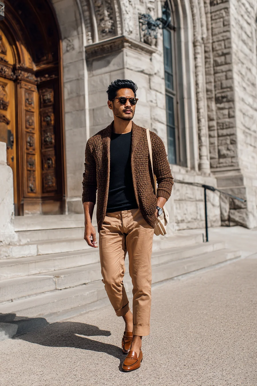 Smart-Casual Essentials: Brown Cardigan, Black Tee & Tan Chinos for Modern Men