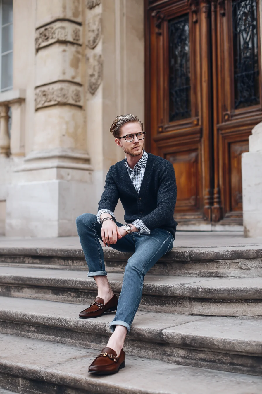Smart-Casual Essentials: Textured Cardigan, Gingham Shirt & Brown Loafers