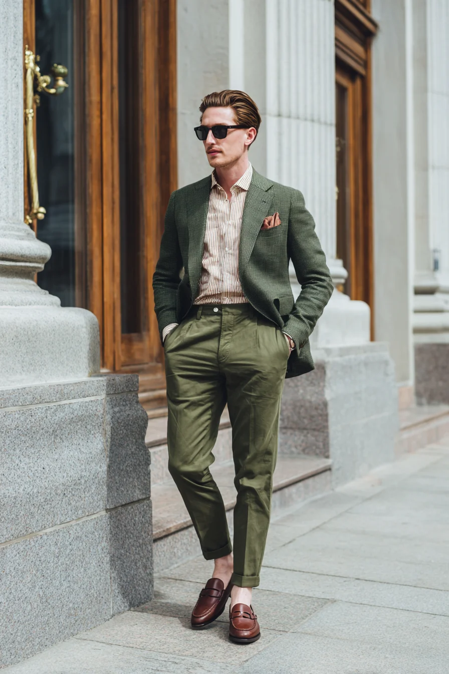 Smart‑Casual Green Blazer with Olive Chinos and Brown Loafers
