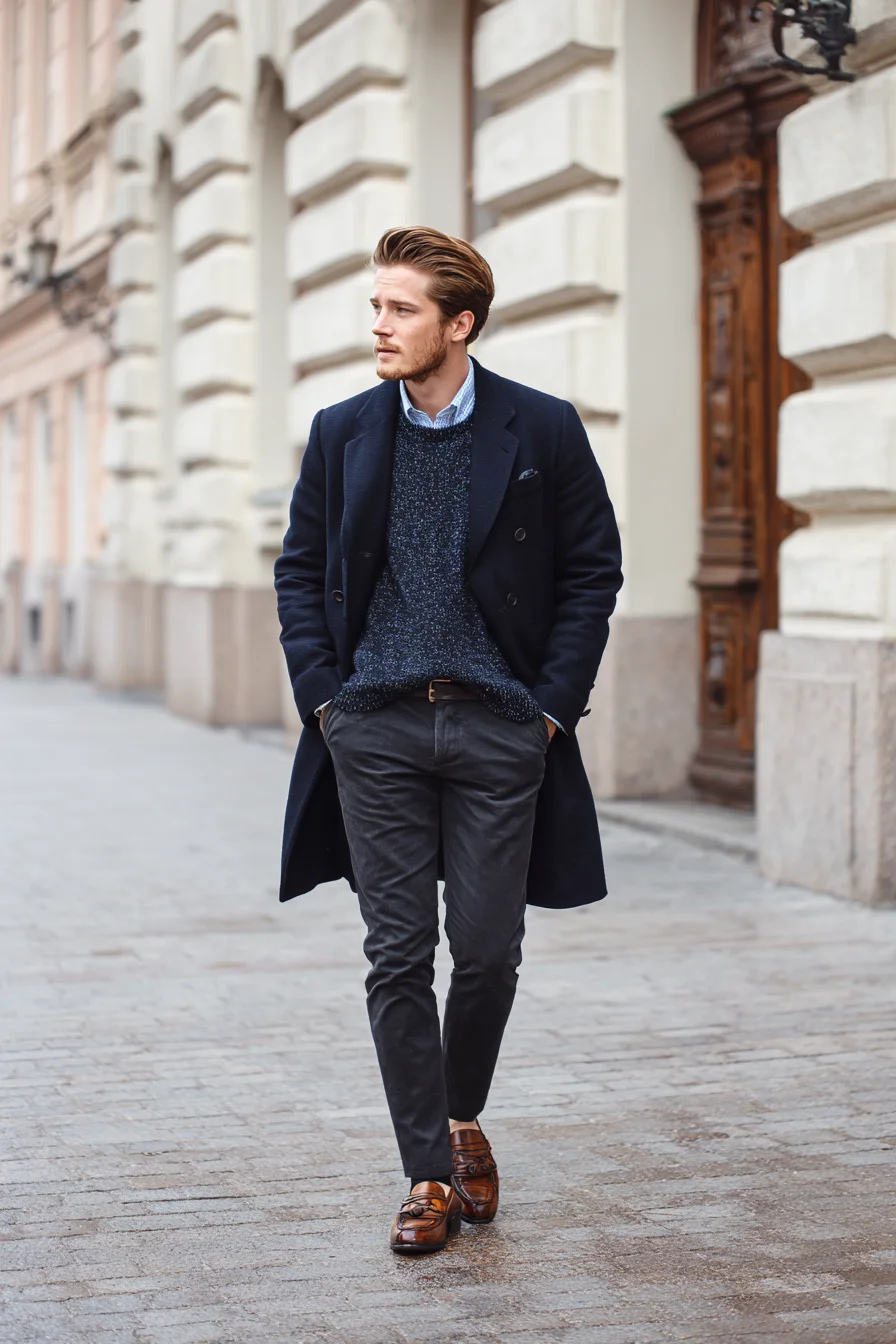 Smart-Casual Layered Outfit: Navy Overcoat, Sweater and Leather Loafers