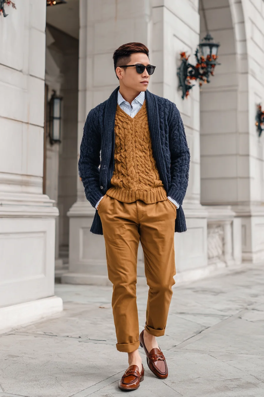 Smart Casual Layers: Navy Cardigan, Camel Cable Sweater & Tan Chinos
