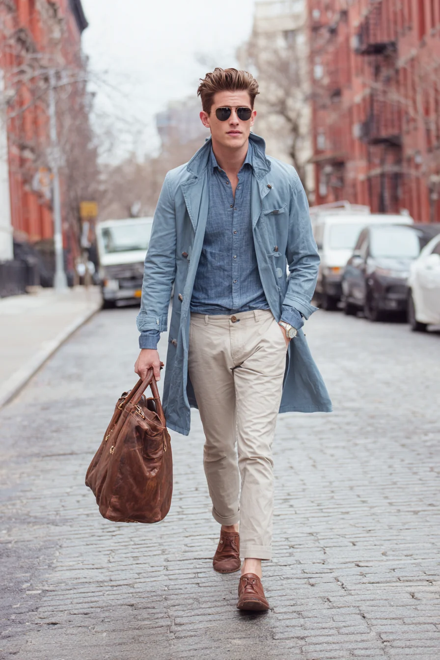 Smart-Casual Light Trench and Chambray Outfit for Modern Men