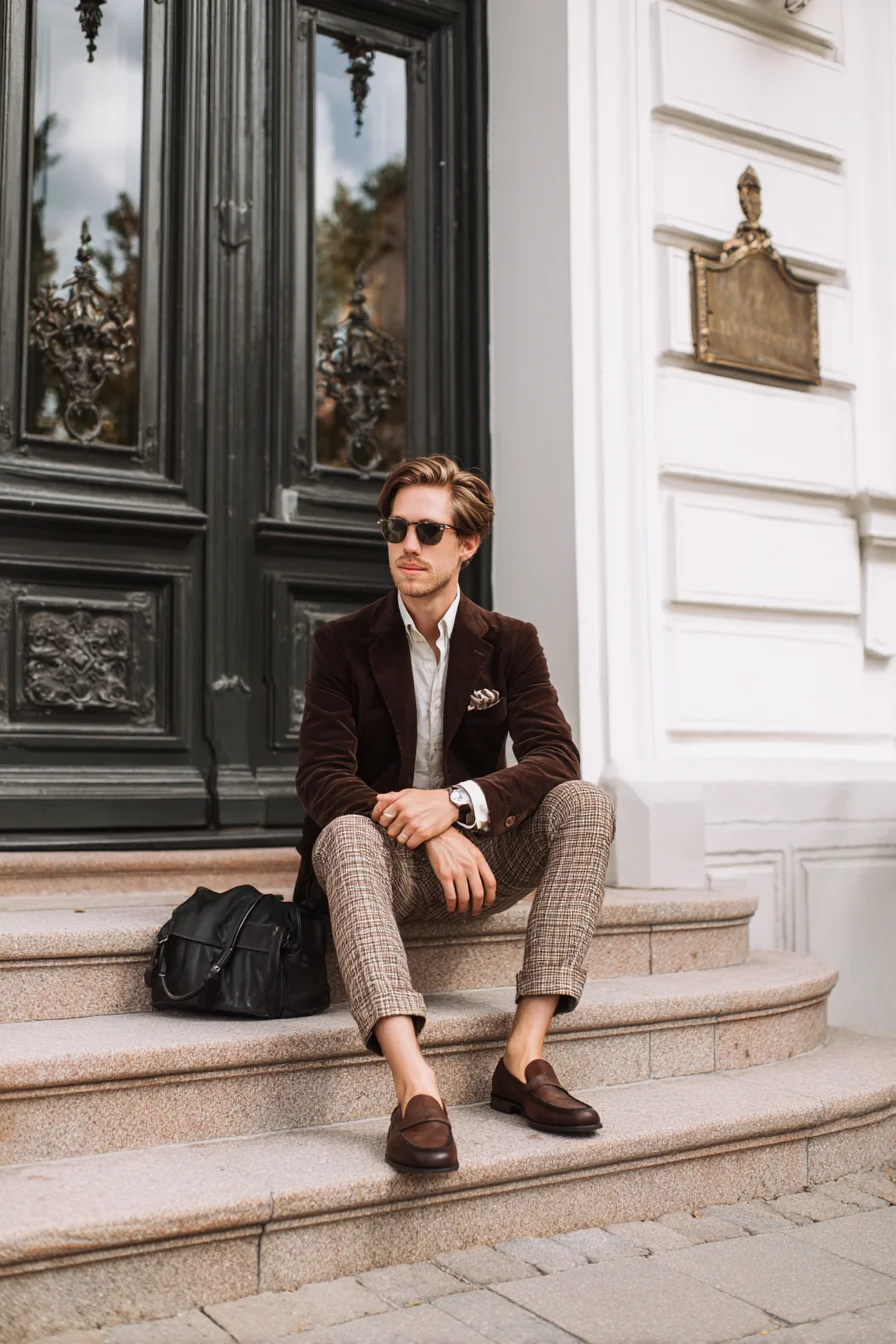 Smart-Casual Mens Look: Brown Velvet Blazer & Checked Trousers