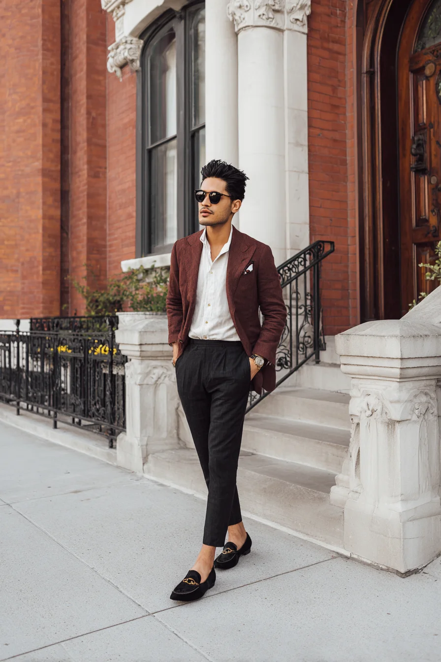 Smart-Casual Mens Look: Burgundy Blazer, Charcoal Trousers & Velvet Loafers