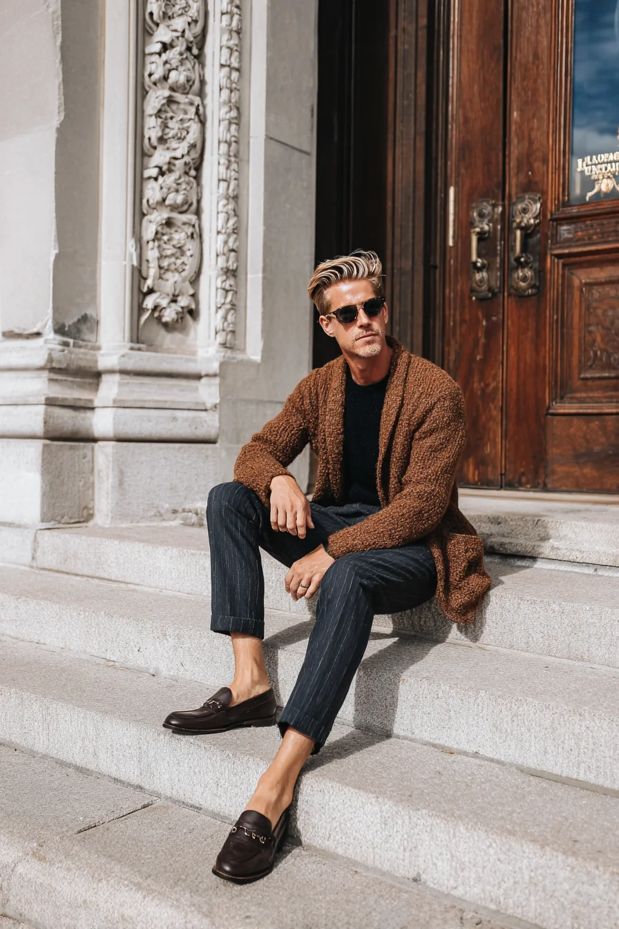 Smart-Casual Mens Look: Chunky Brown Cardigan, Pinstripe Trousers & Loafers