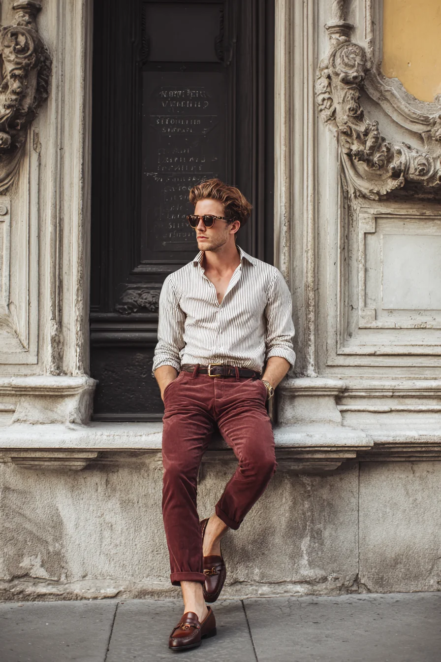 Smart-Casual Mens Look: Striped Shirt, Burgundy Corduroys & Brown Loafers