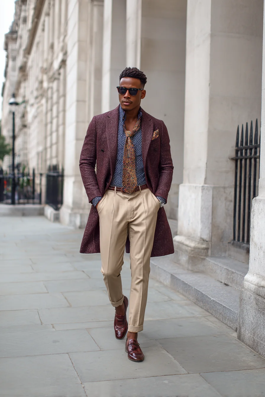 Smart-Casual Mens Look: Tailored Coat, Patterned Shirt, Chinos & Leather Loafers