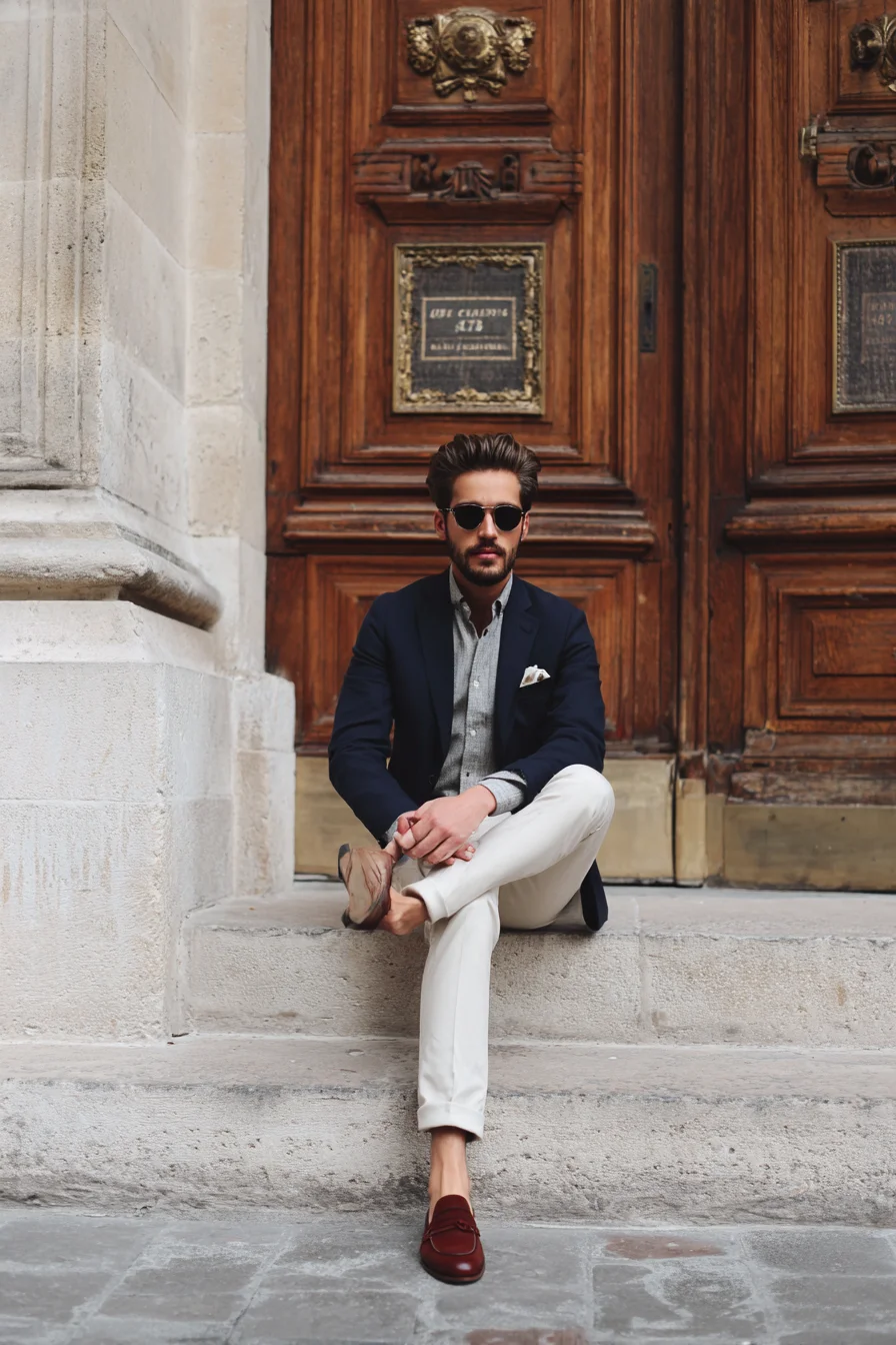 Smart-Casual Navy Blazer: Grey Shirt, Ivory Chinos & Burgundy Loafers