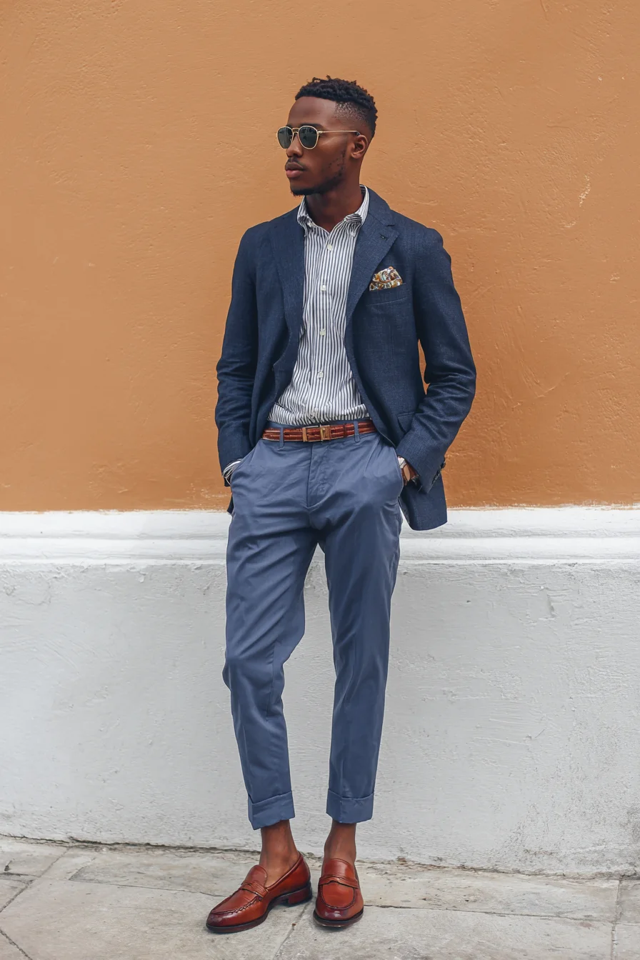Smart-Casual Navy Blazer with Striped Shirt & Cropped Chinos — Modern Men’s Look