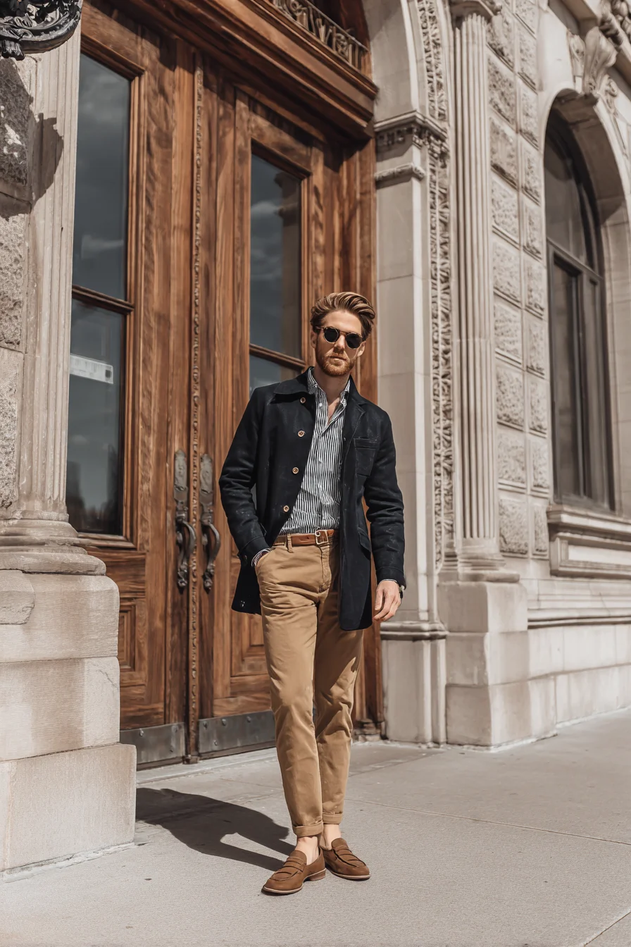 Smart Casual: Navy Jacket, Striped Shirt and Tailored Tan Chinos