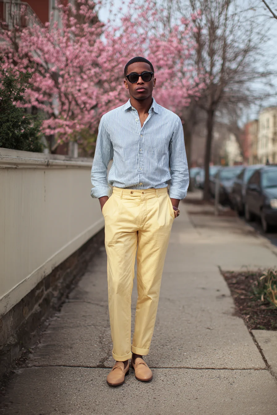 Smart‑Casual Spring Look — Striped Shirt, Pastel Chinos & Tan Shoes