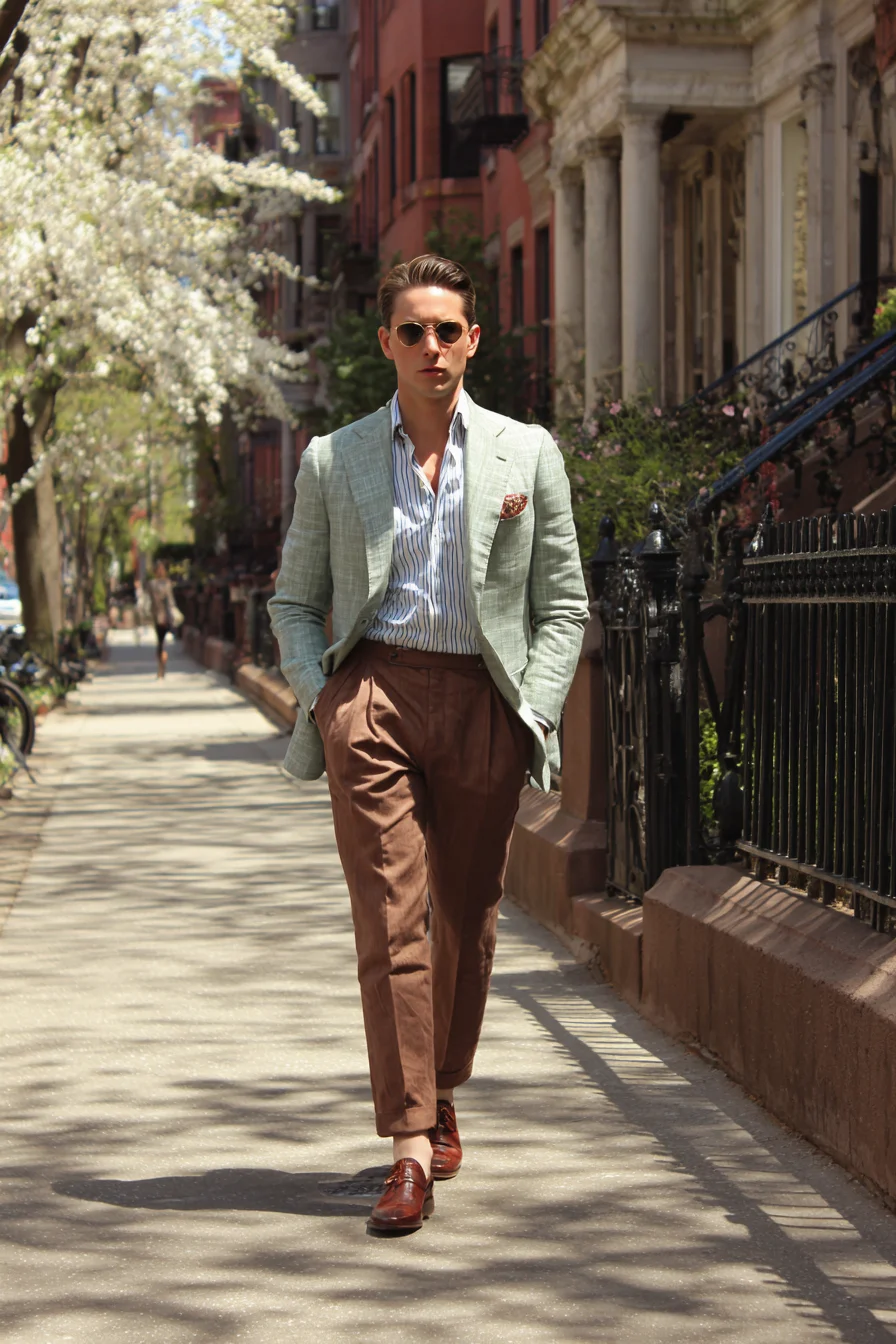 Smart-Casual Spring Tailoring: Mint Linen Blazer, Striped Shirt & Brown Trousers