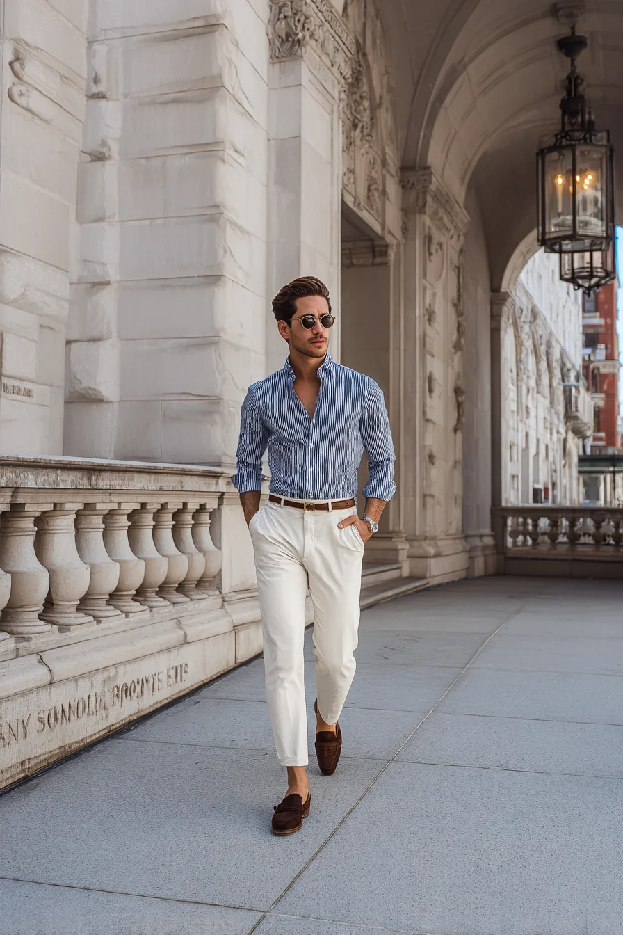 Smart Casual: Striped Button-Down with White Chinos & Brown Loafers