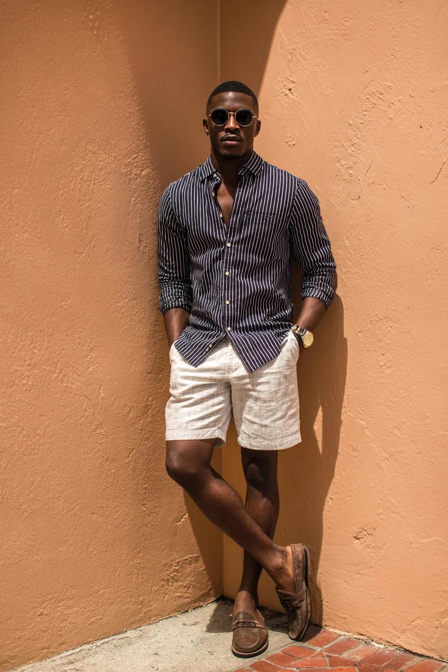 Smart-Casual Striped Shirt with Linen Shorts — Summer Mens Outfit