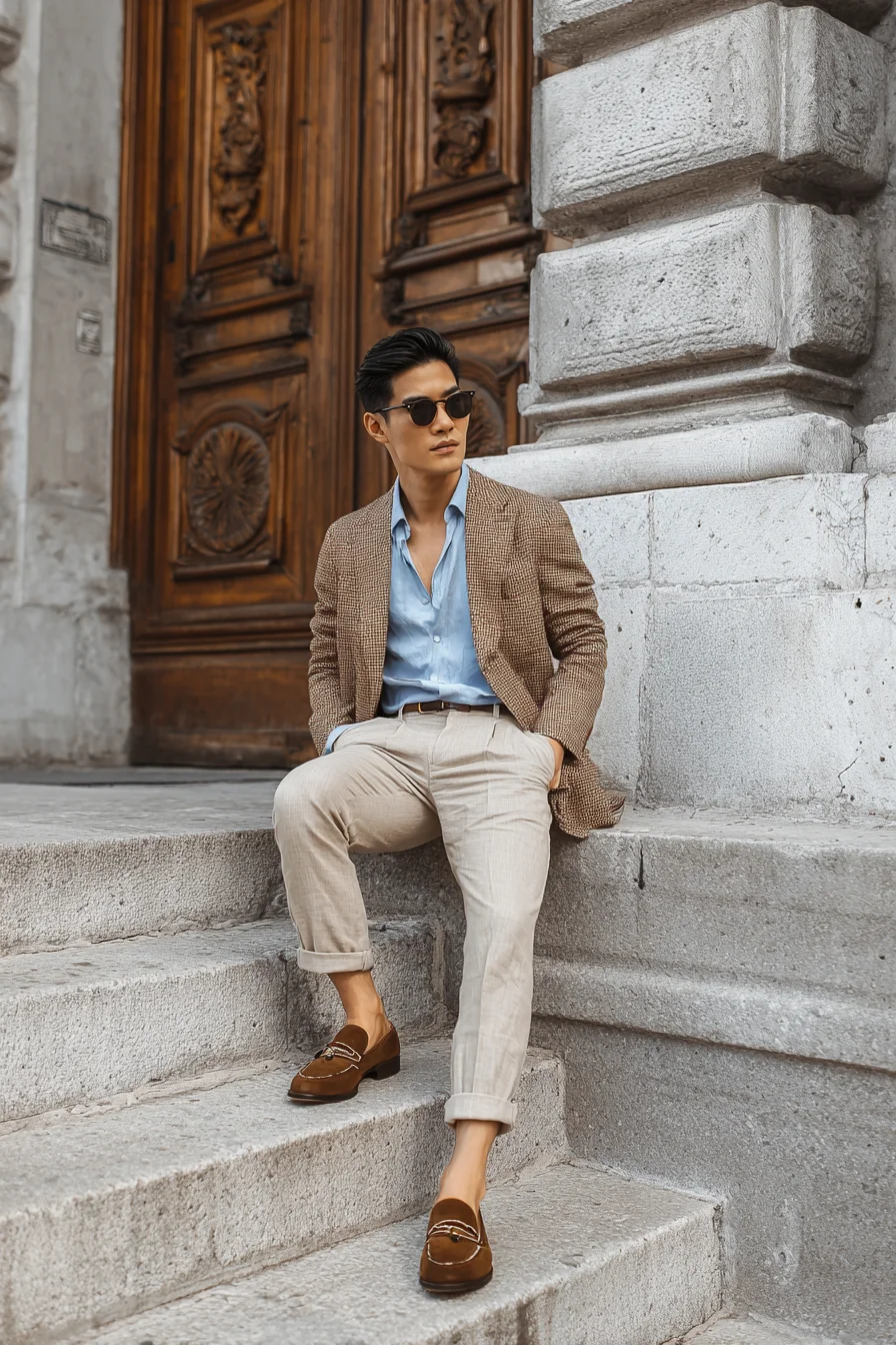 Smart-Casual Summer Blazer: Brown Tweed, Sky Blue Shirt & Beige Chinos