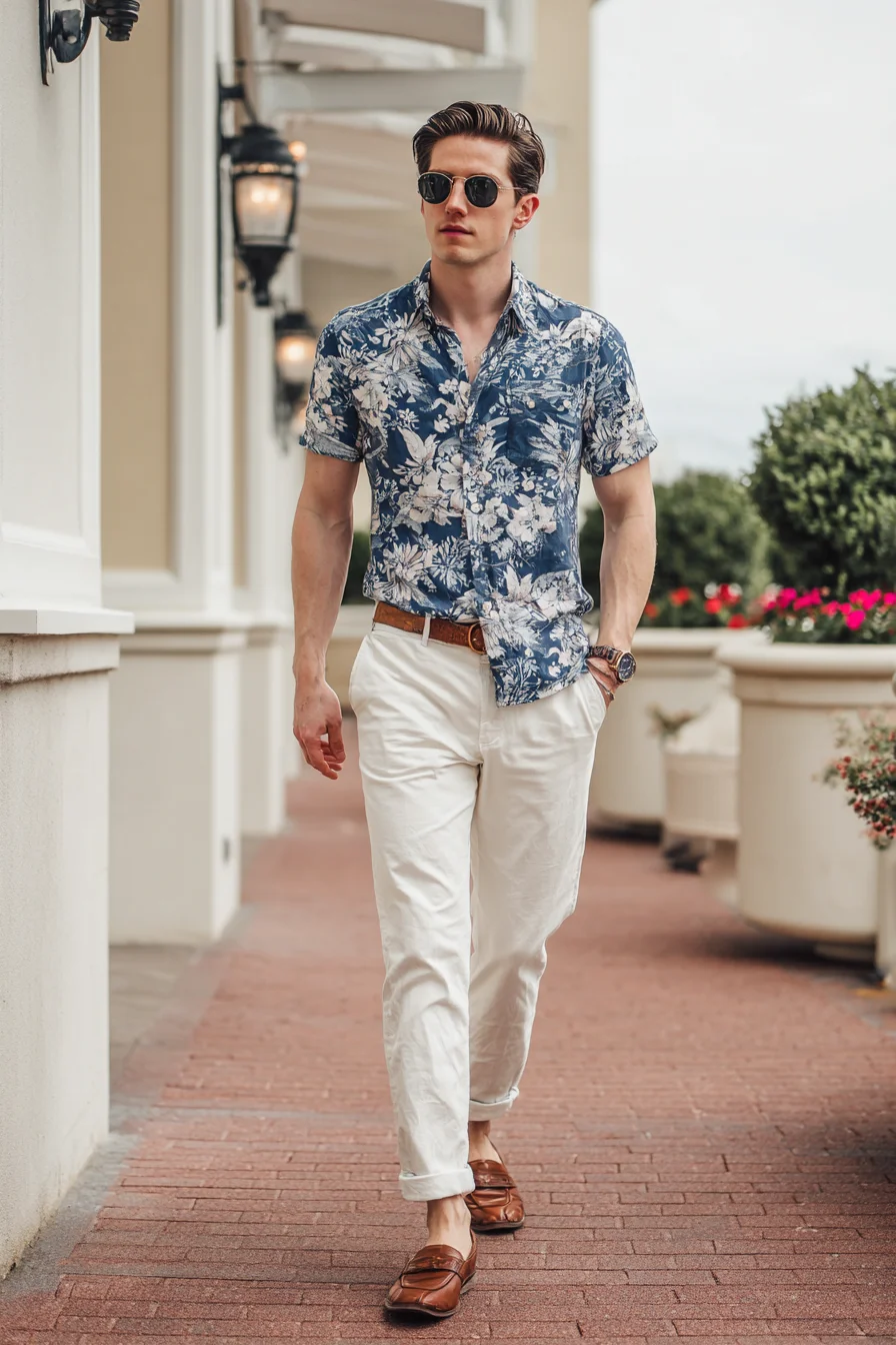 Smart-Casual Summer: Blue Floral Shirt with White Chinos & Brown Loafers