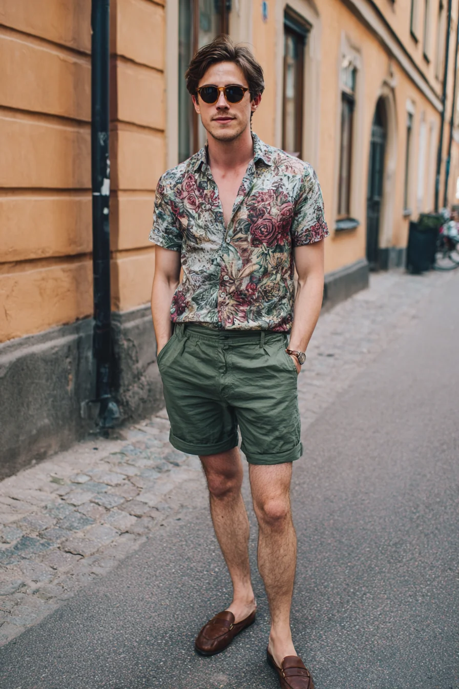 Smart-Casual Summer Look: Floral Short‑Sleeve Shirt, Olive Chino Shorts & Loafers