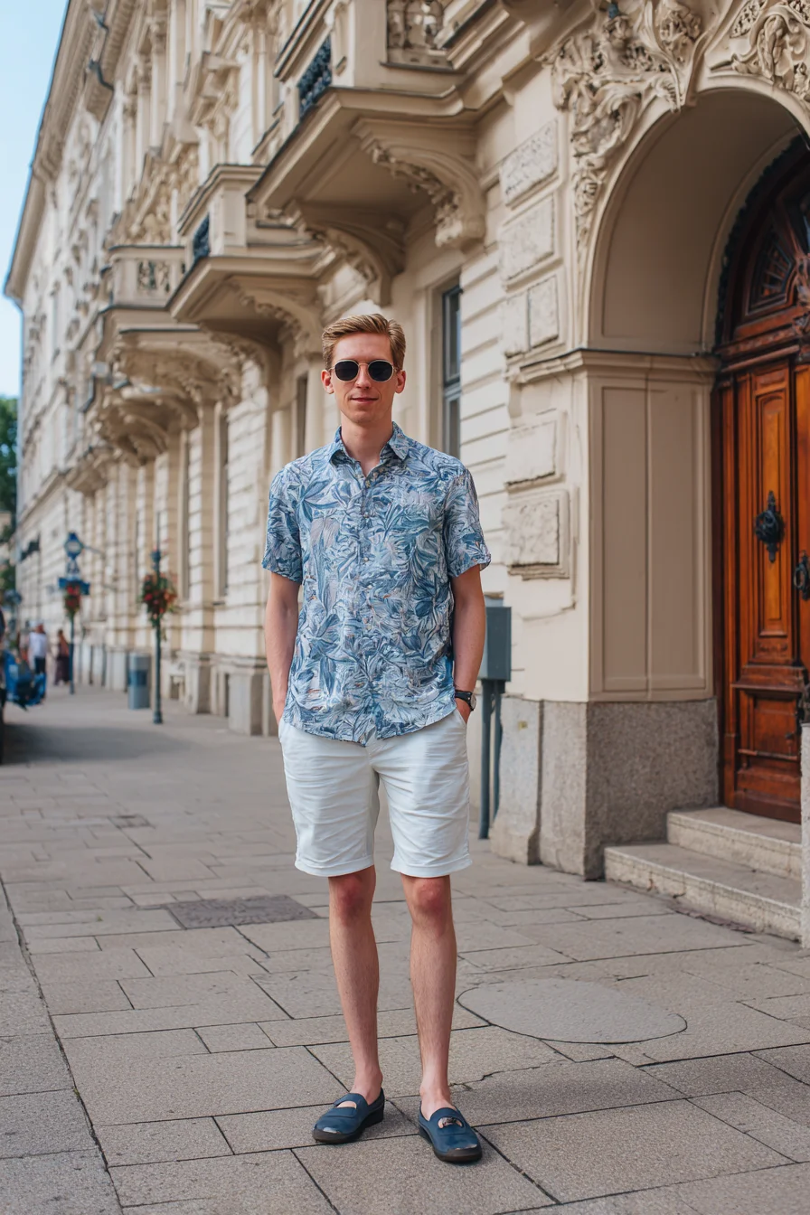 Smart-Casual Summer Look: Printed Shirt, White Shorts & Loafers