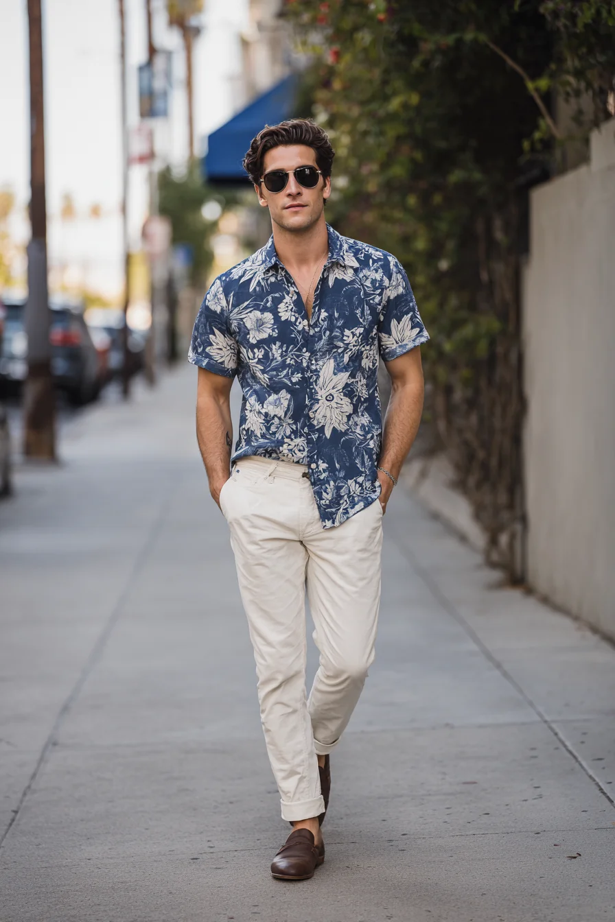 Smart Casual Summer: Navy Floral Camp Shirt with Cream Chinos & Loafers