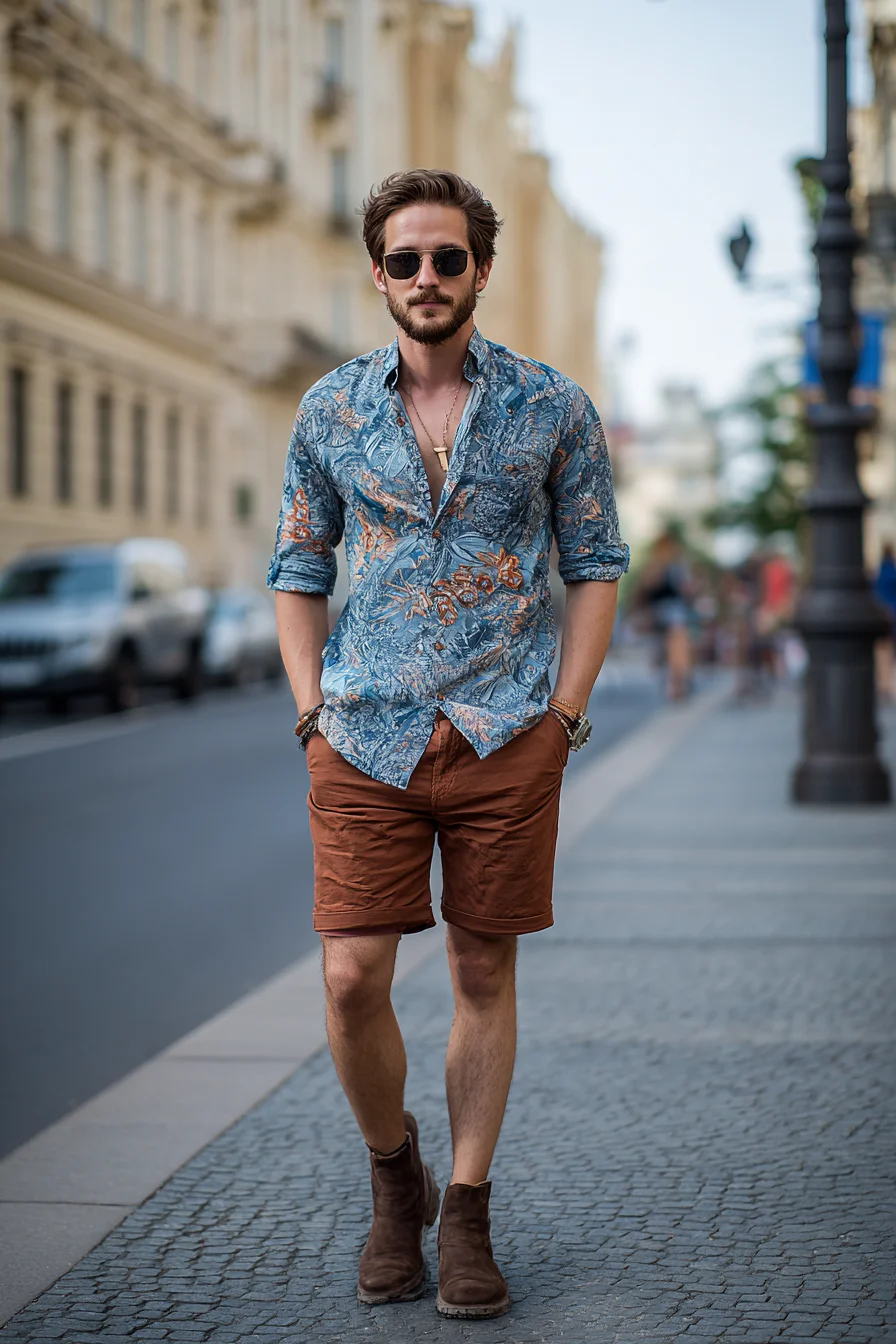 Smart-Casual Summer: Printed Linen Shirt with Rust Chino Shorts & Suede Boots