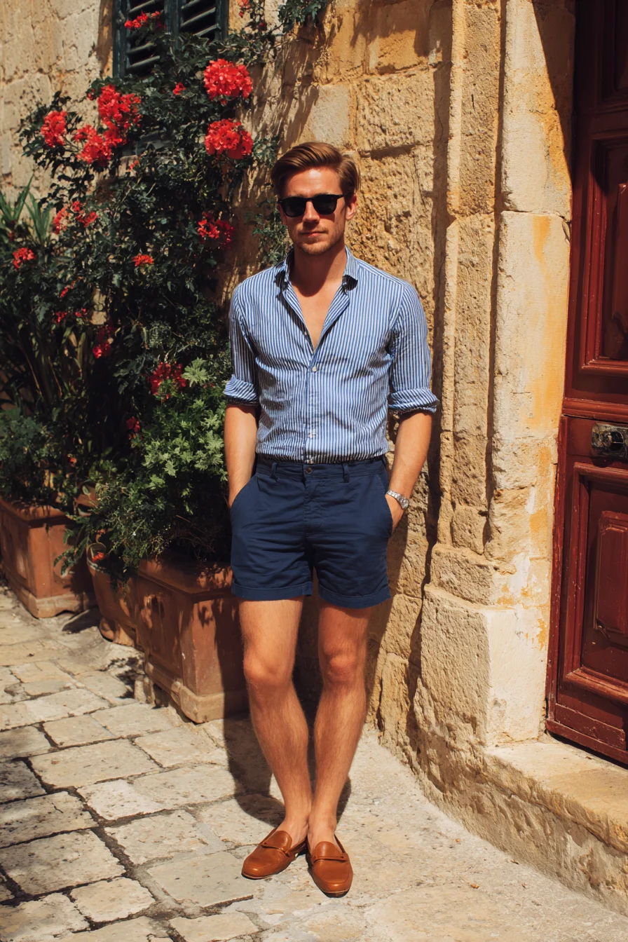 Smart-Casual Summer: Striped Button‑Down, Navy Shorts & Brown Loafers
