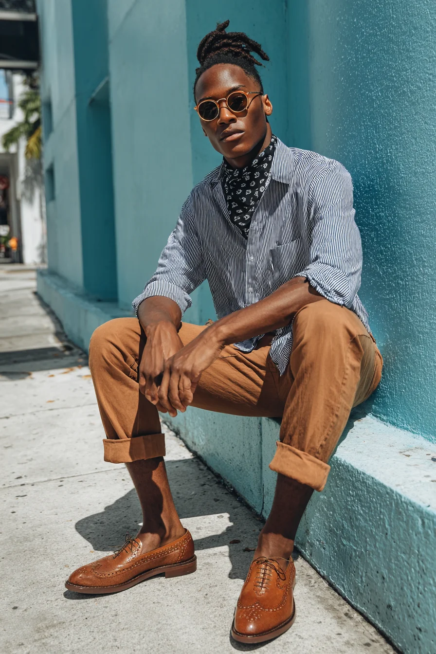 Smart-Casual Summer: Striped Shirt, Cuffed Chinos & Brown Brogues