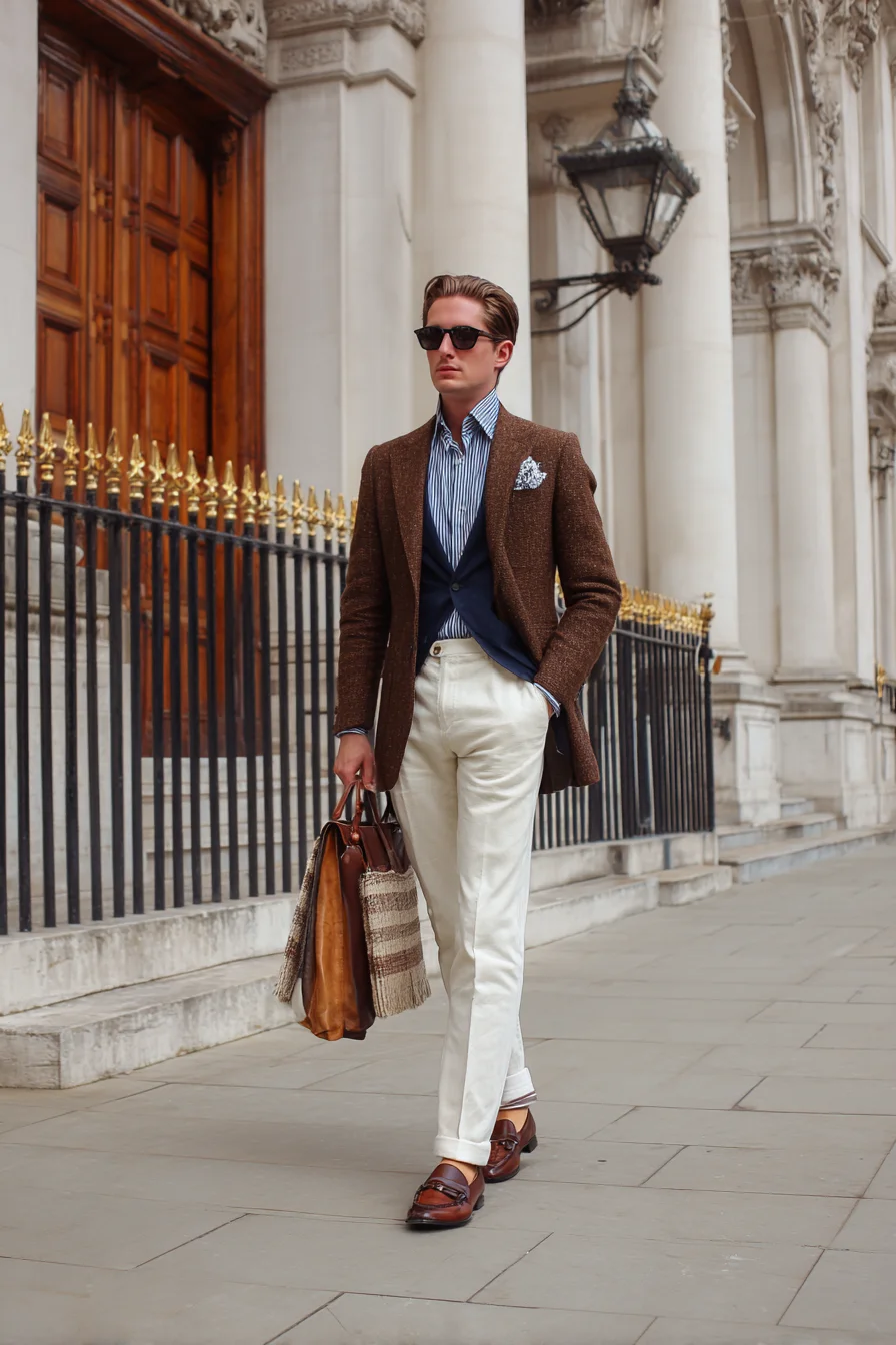 Smart-Casual Tailoring: Brown Tweed, Navy Layering & Ivory Trousers