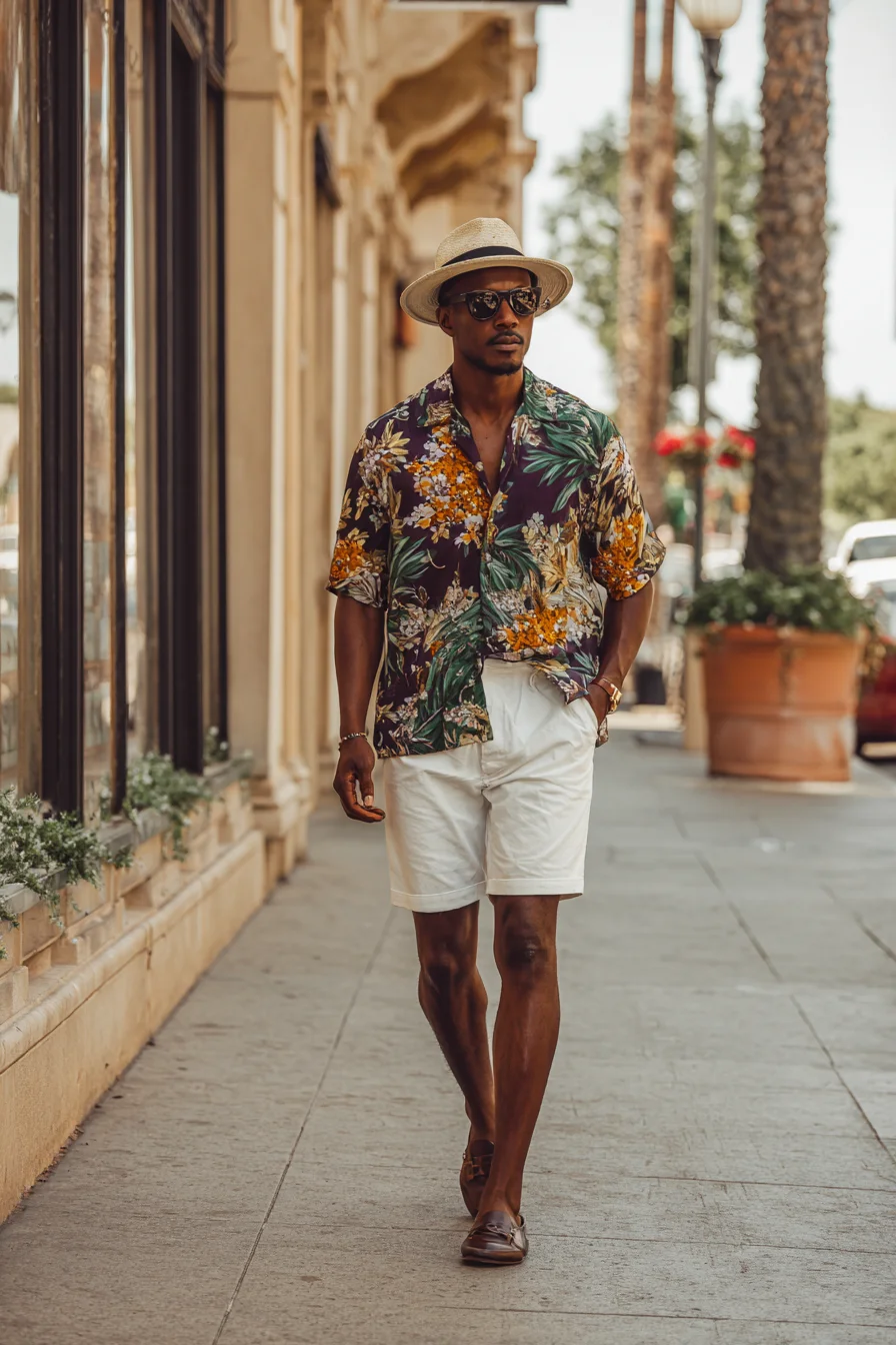 Smart Casual Tropical Shirt Outfit: Linen Shorts, Loafers & Straw Hat