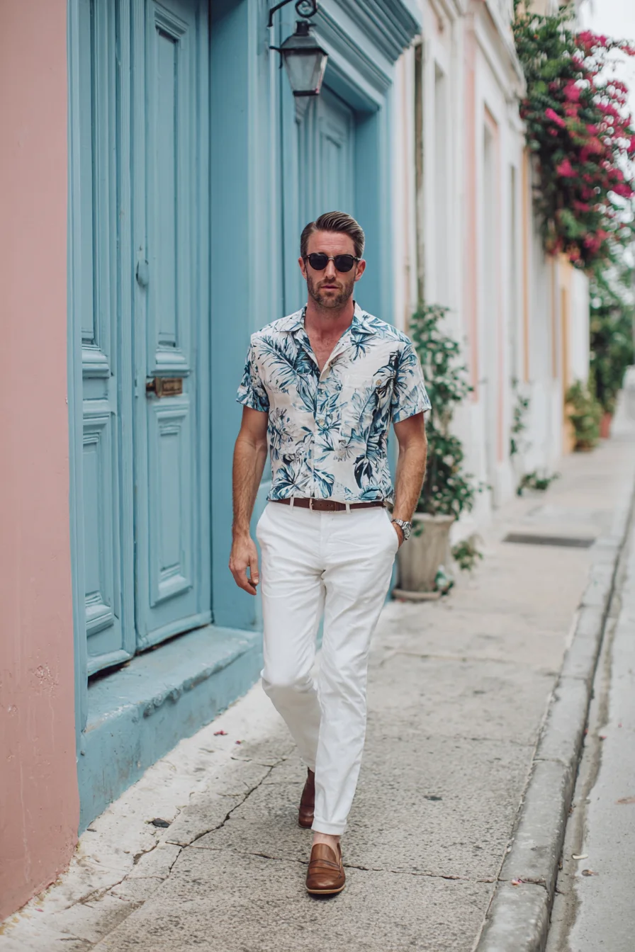 Smart-Casual Tropical Shirt with White Chinos — Mens Summer Style