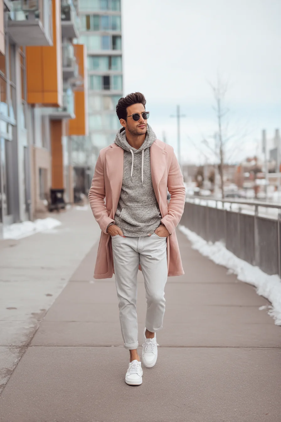 Smart-Casual Winter Layering: Pink Overcoat with Grey Hoodie & White Sneakers