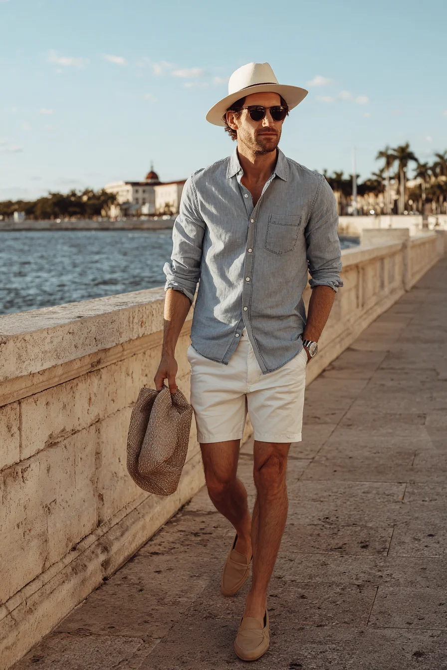 Smart Coastal Summer: Linen Shirt, Tailored Chino Shorts & Tan Loafers