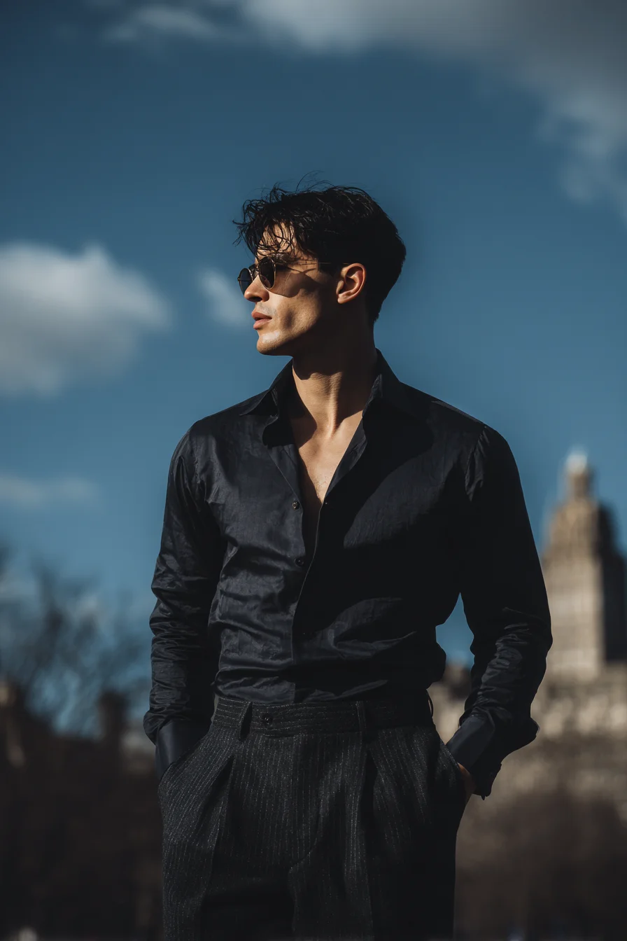 Smart Evening Casual: Open-Collar Dark Shirt with Tailored Pinstripe Trousers