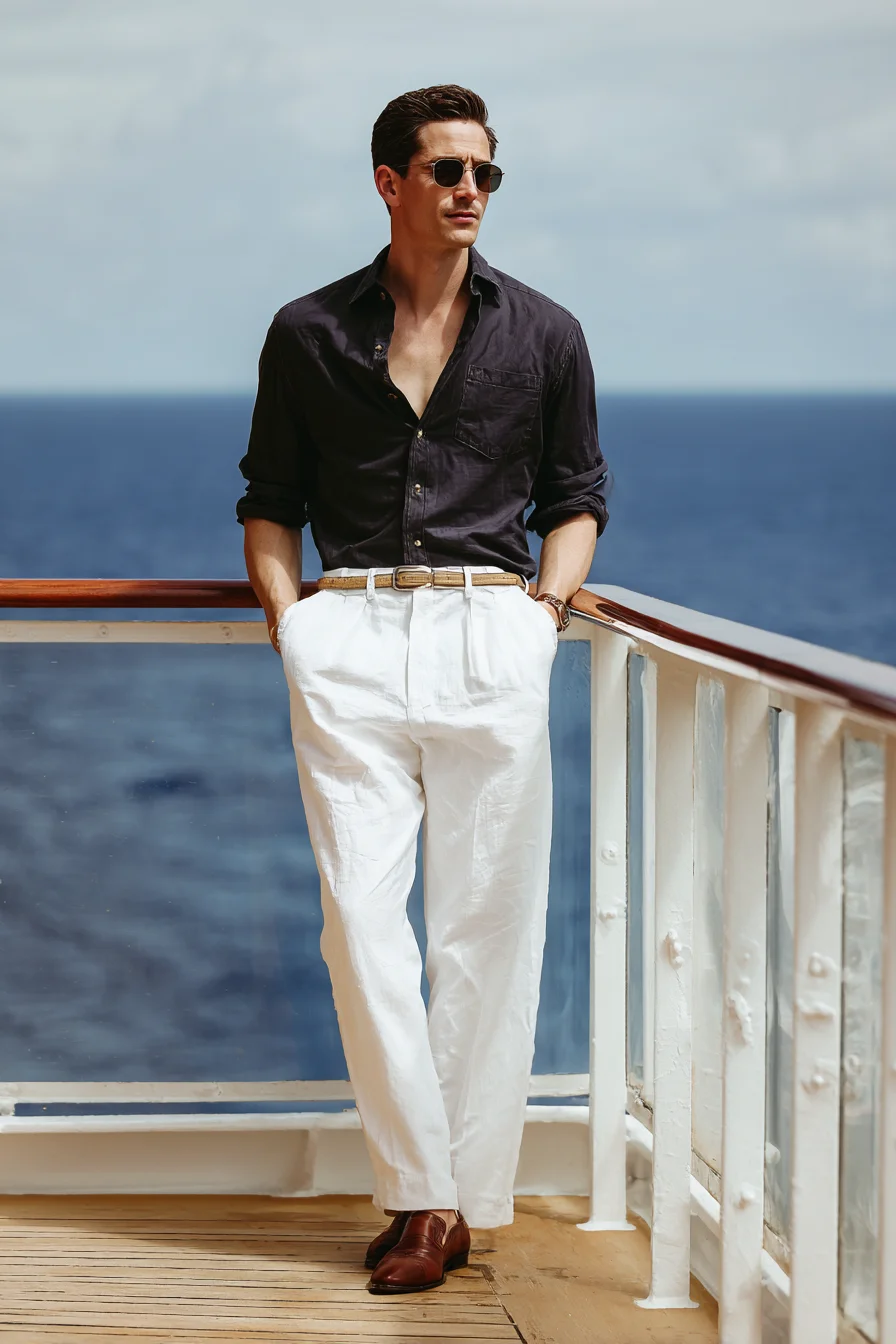 Smart-Resort Look: Navy Open-Collar Shirt with White Linen Trousers
