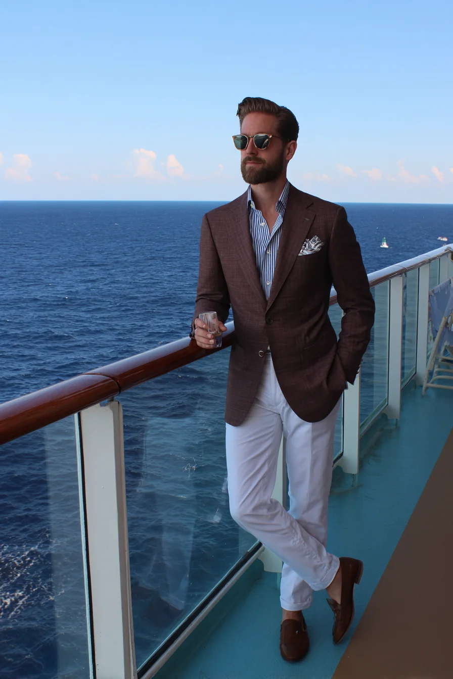 Smart-Resort Mens Outfit: Brown Blazer, Striped Shirt & White Chinos