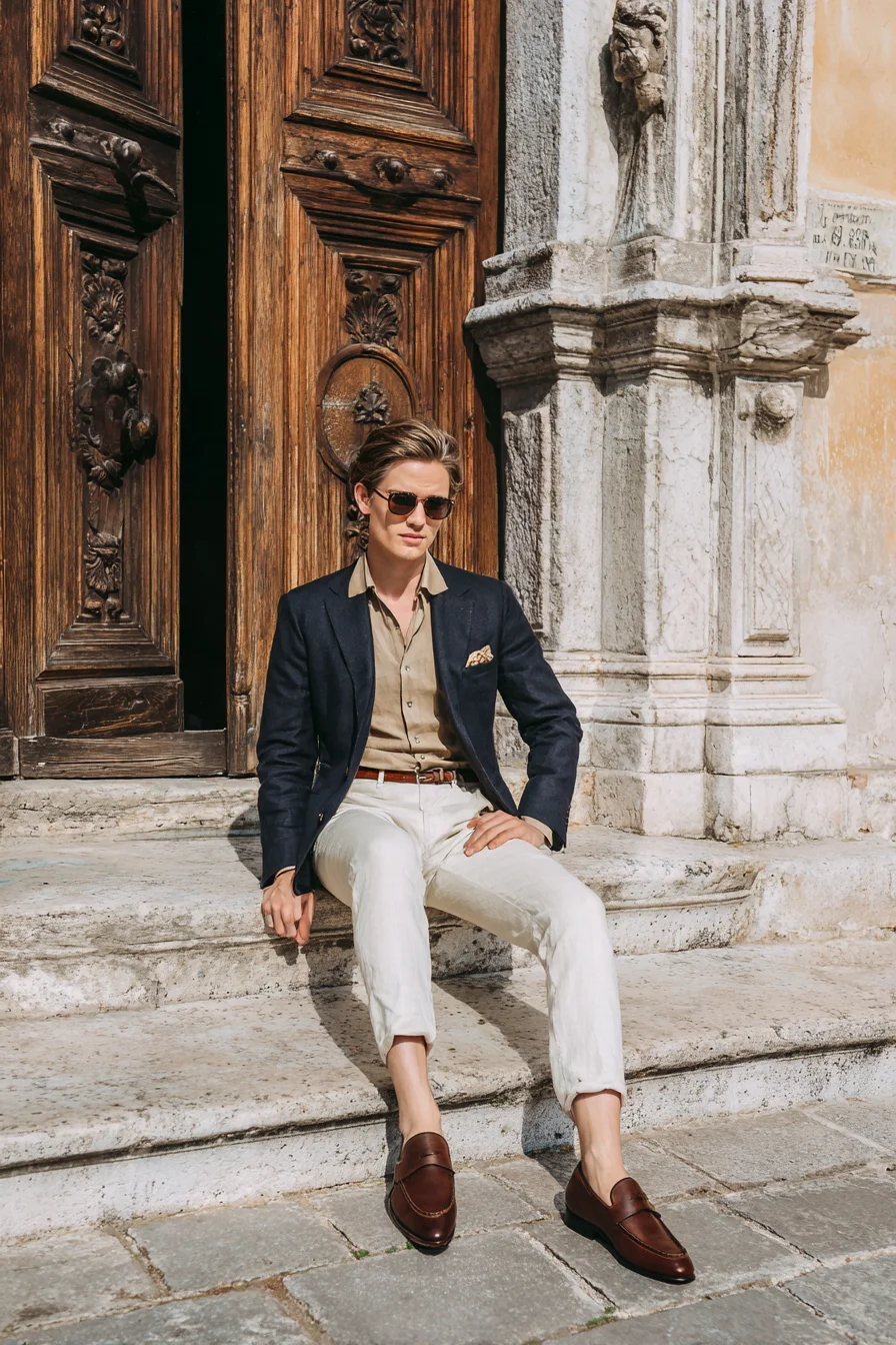 Smart Summer Casual: Navy Blazer, Linen Trousers & Brown Loafers
