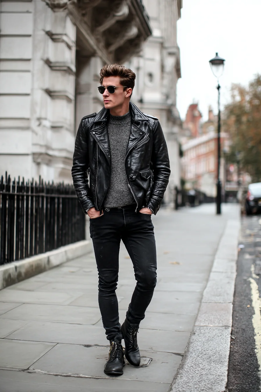 Streamlined Leather Biker Outfit — Mens Black & Grey Street Style
