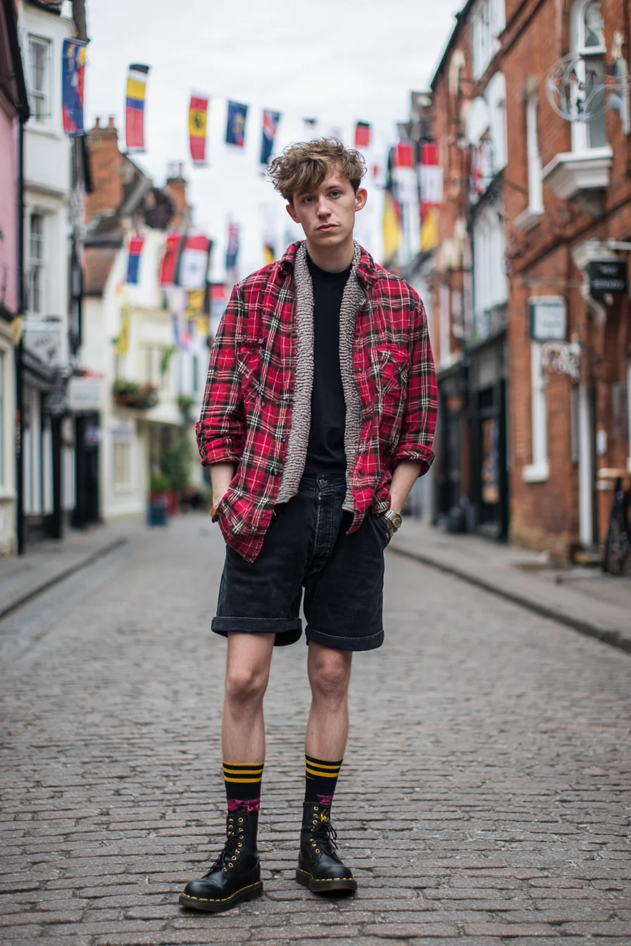 Street-Grunge Mens Outfit: Red Plaid Shacket, Black Tee, Rolled Shorts & Combat Boots