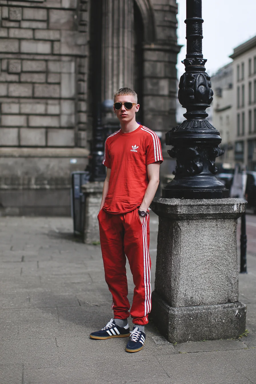 Street-Ready Athletic Look: Red Track Set with Retro Sneakers