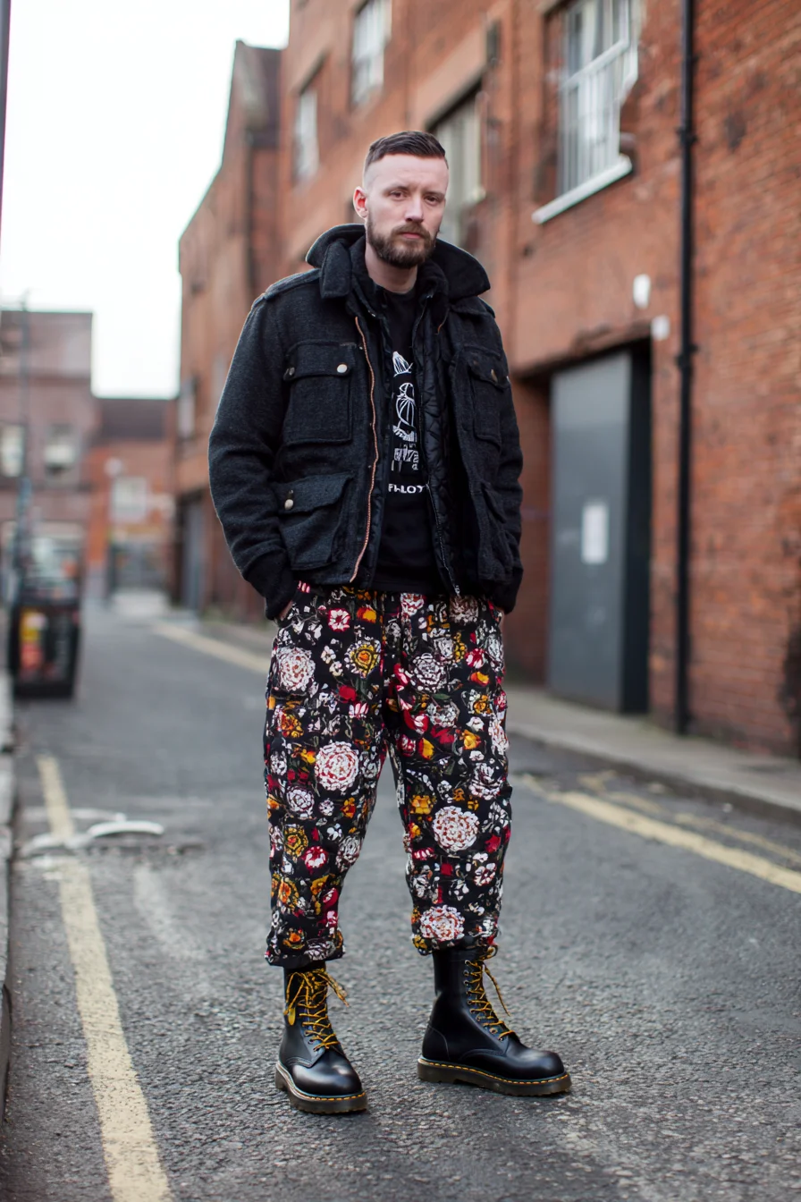 Street-Ready Mens Outfit: Layered Neutrals, Floral Trousers & Combat Boots
