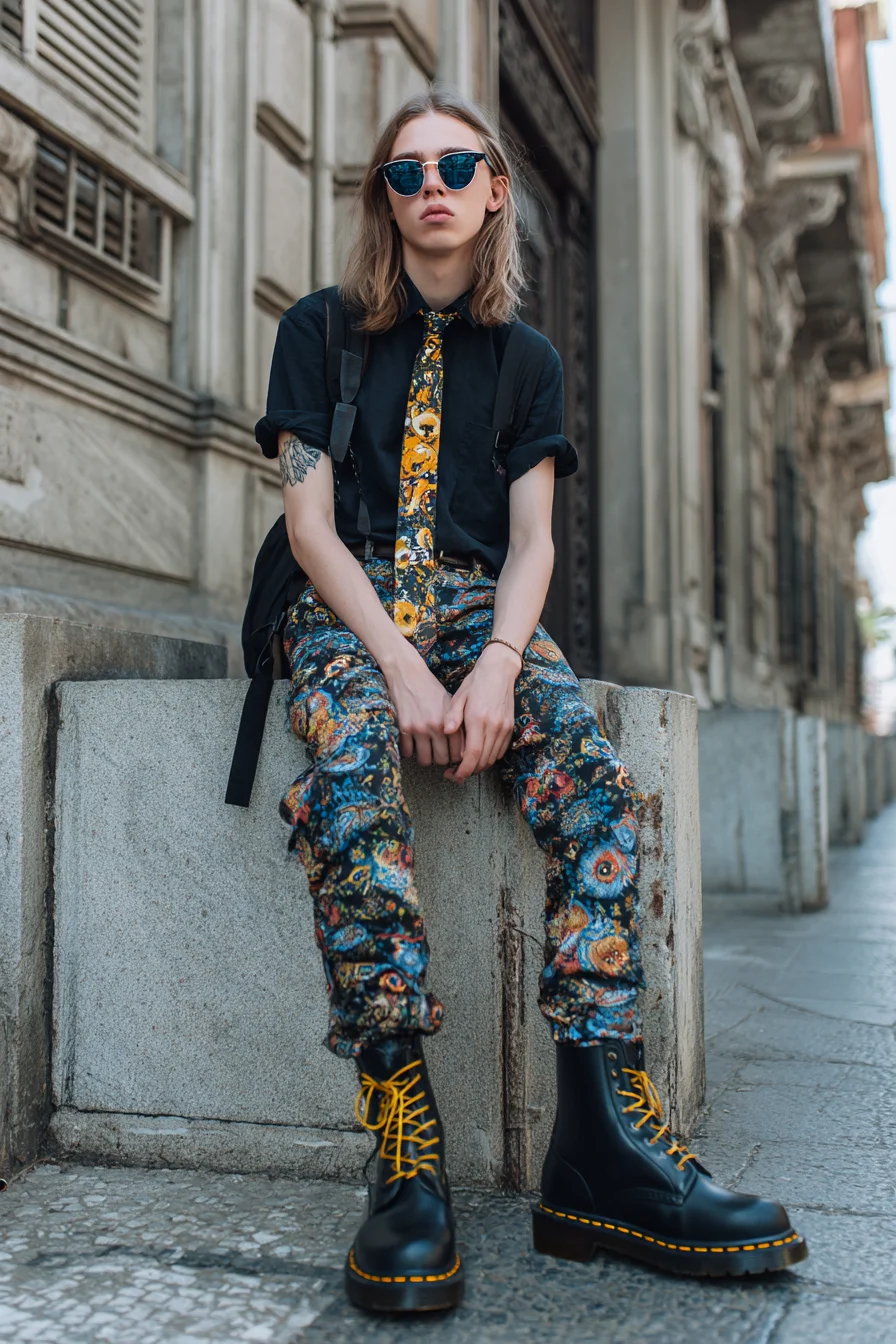Street-Ready Mens Styling: Black Base with Bold Floral Trousers & Combat Boots