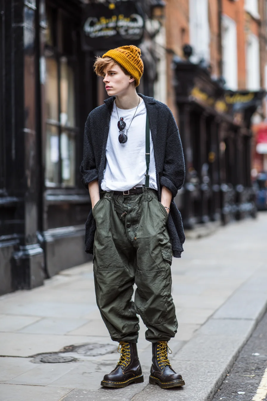 Street-Ready Utility: Olive Cargo, Knit Beanie & Combat Boots