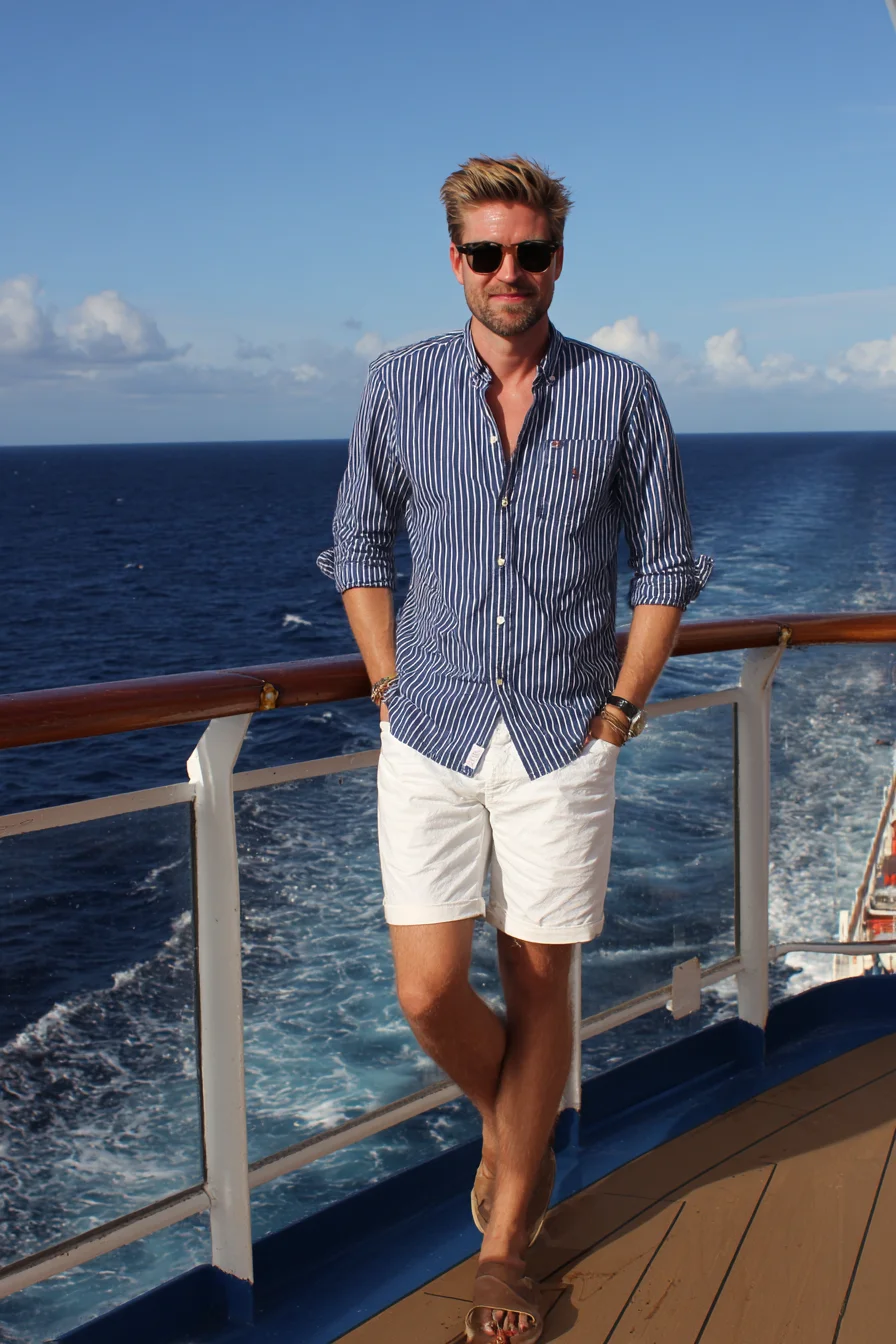 Striped Button-Down & White Shorts — Mens Resort Casual Outfit